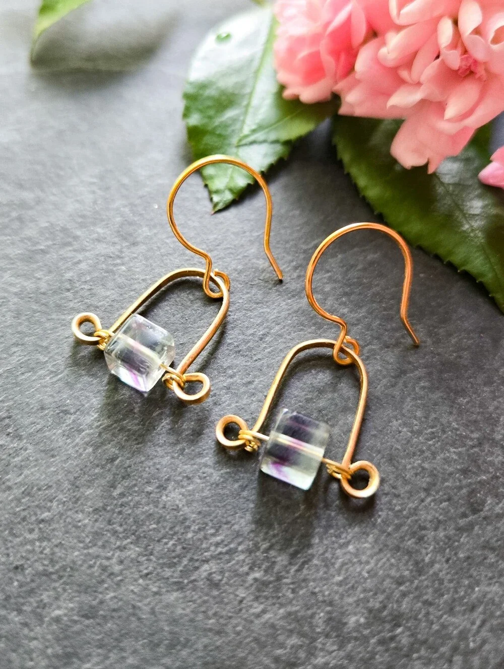 NWT Rainbow Fluorite Dainty Brass Earrings
